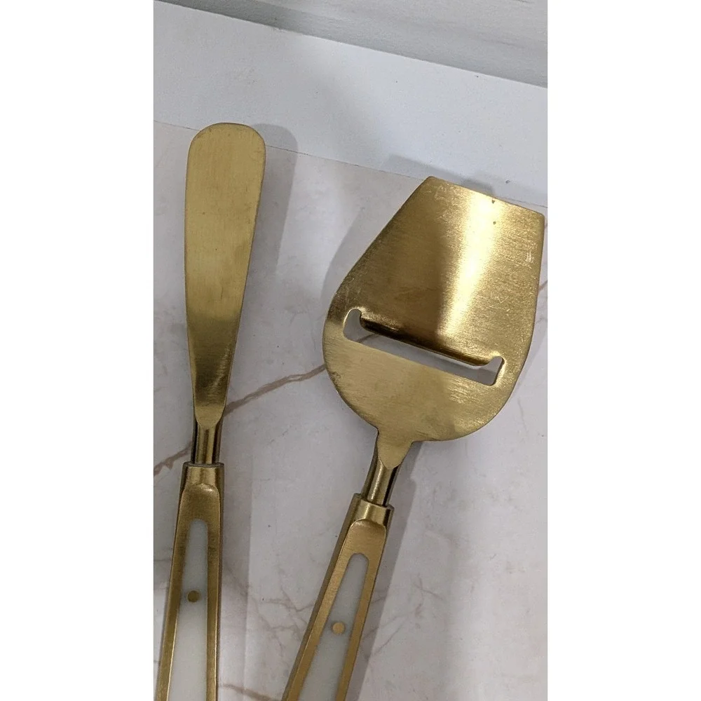 Anthropologie Gold Cheese Serving Set Spreader and Slicer White Inlay Handles